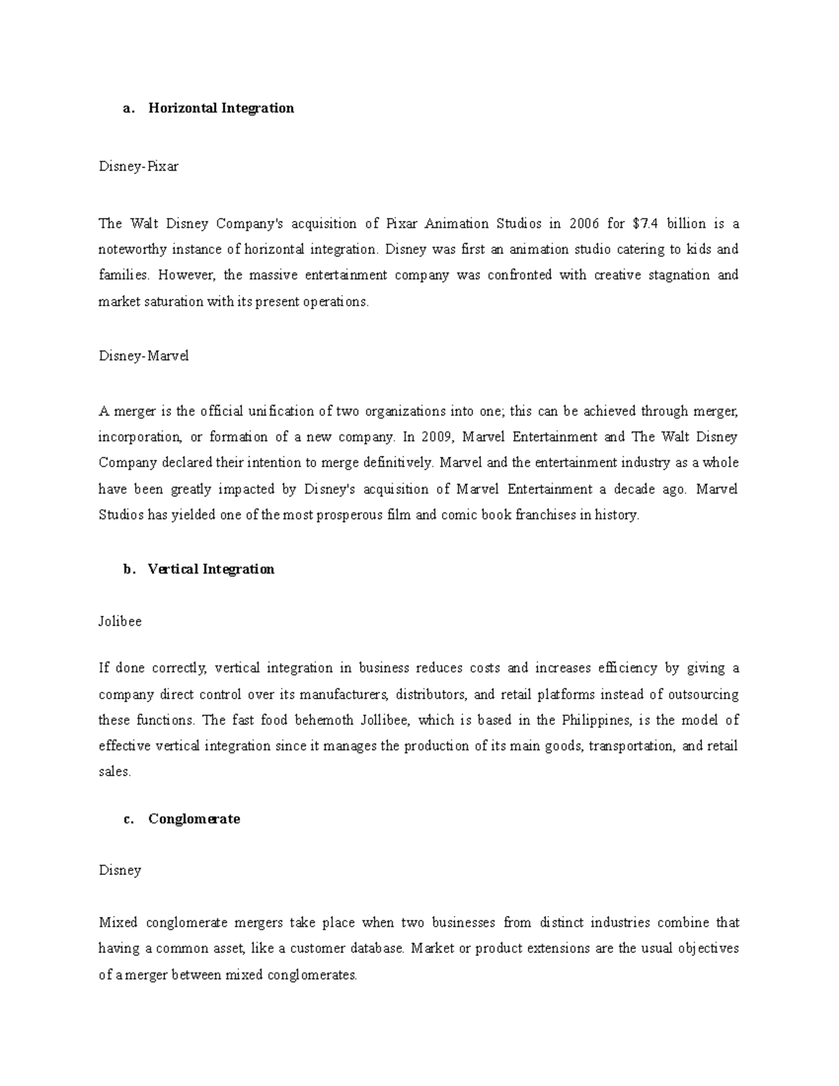 Untitled document - nOTES ANSWER - a. Horizontal Integration Disney ...