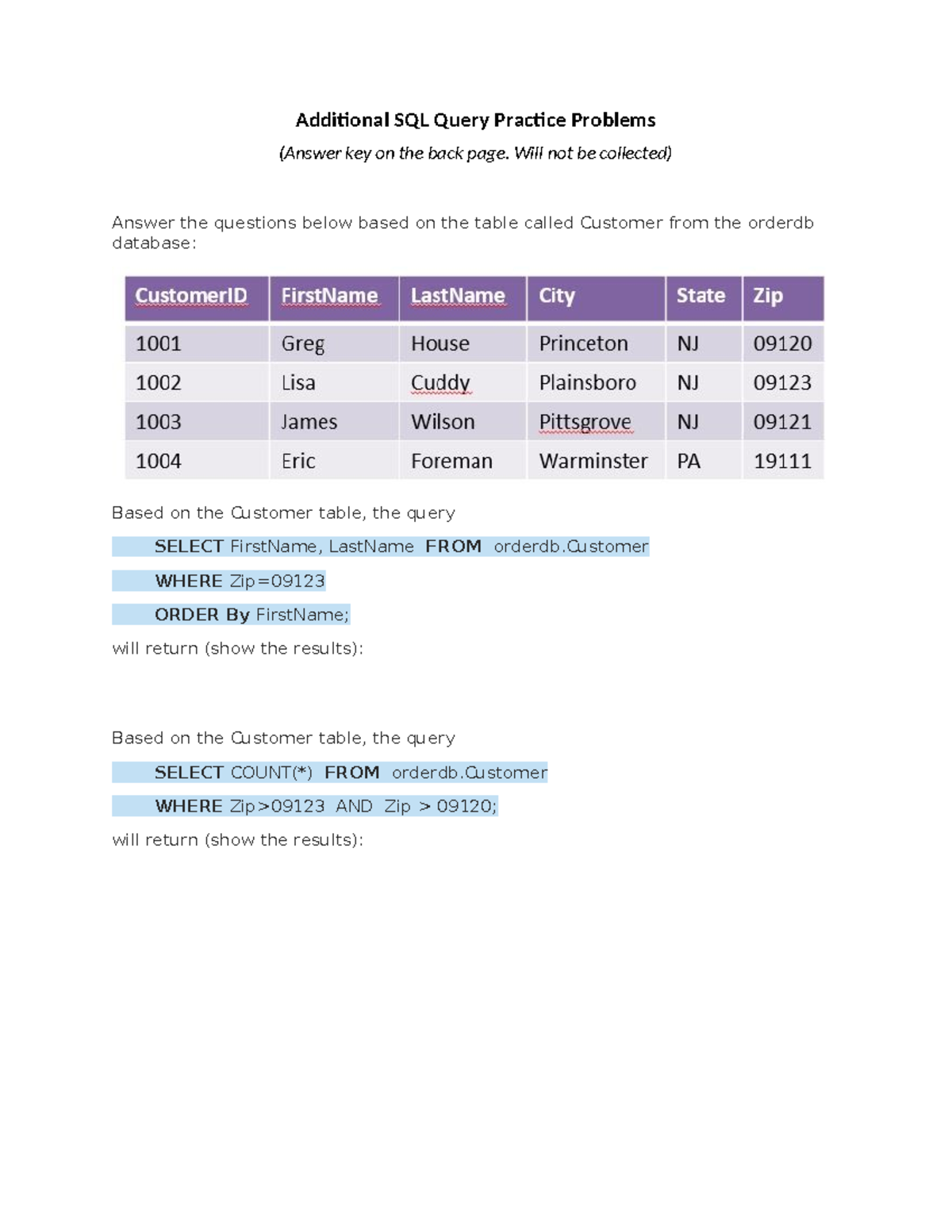 Additional SQL Query Practice Problems - Will not be collected) Answer ...
