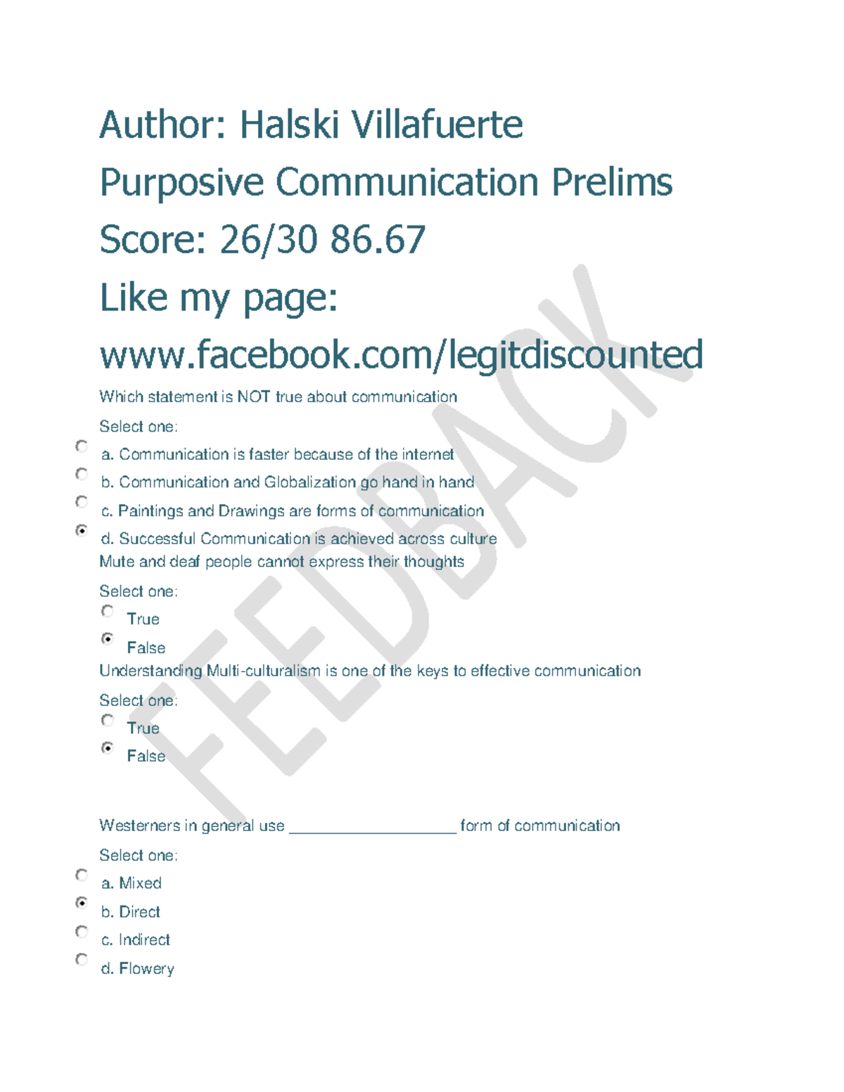 Purposive Communication Prelims Score 26 30 - Author: Halski ...