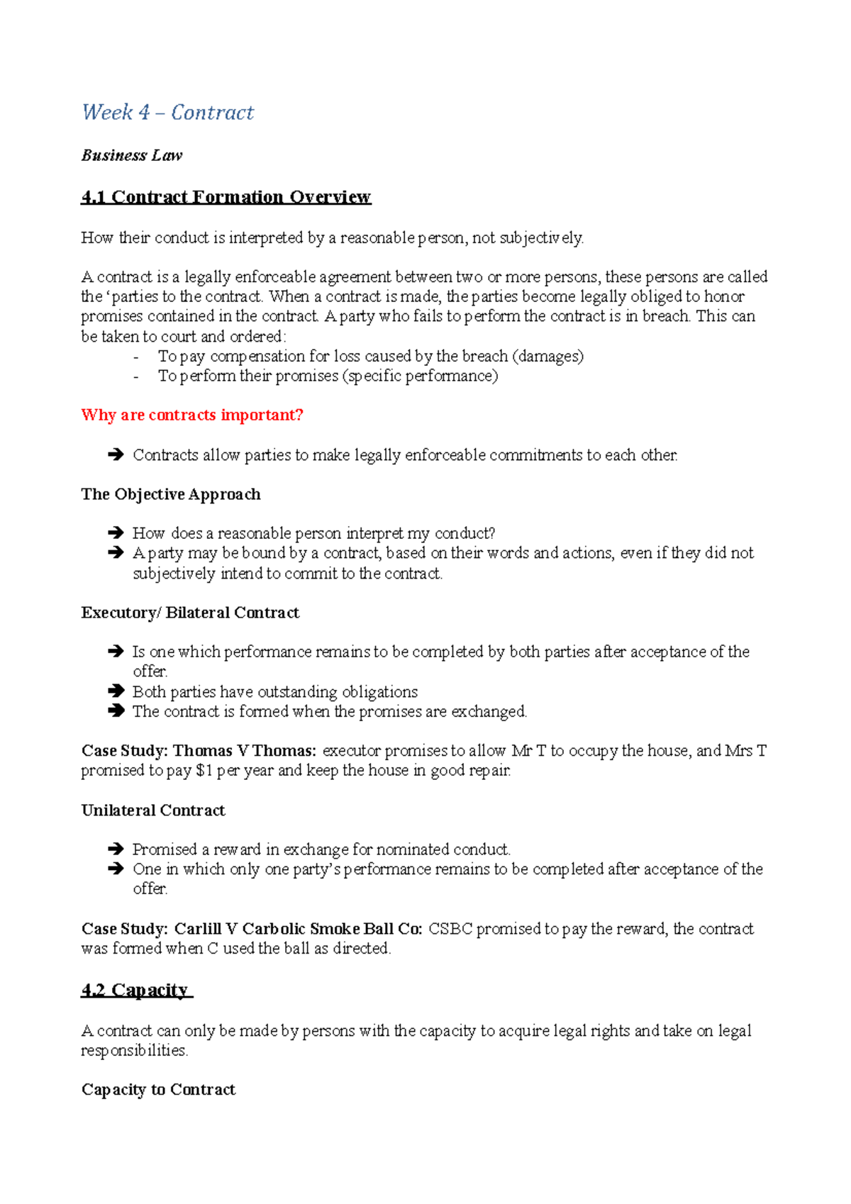Week 4-6 - Lecture Note - Week 4 – Contract Business Law 4 Contract ...