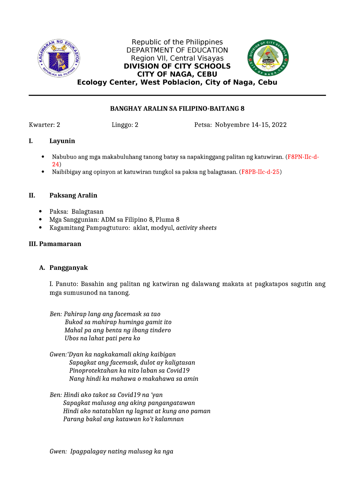 Filipino-8 Q2 Week-2 December 4-8 - Republic Of The Philippines ...