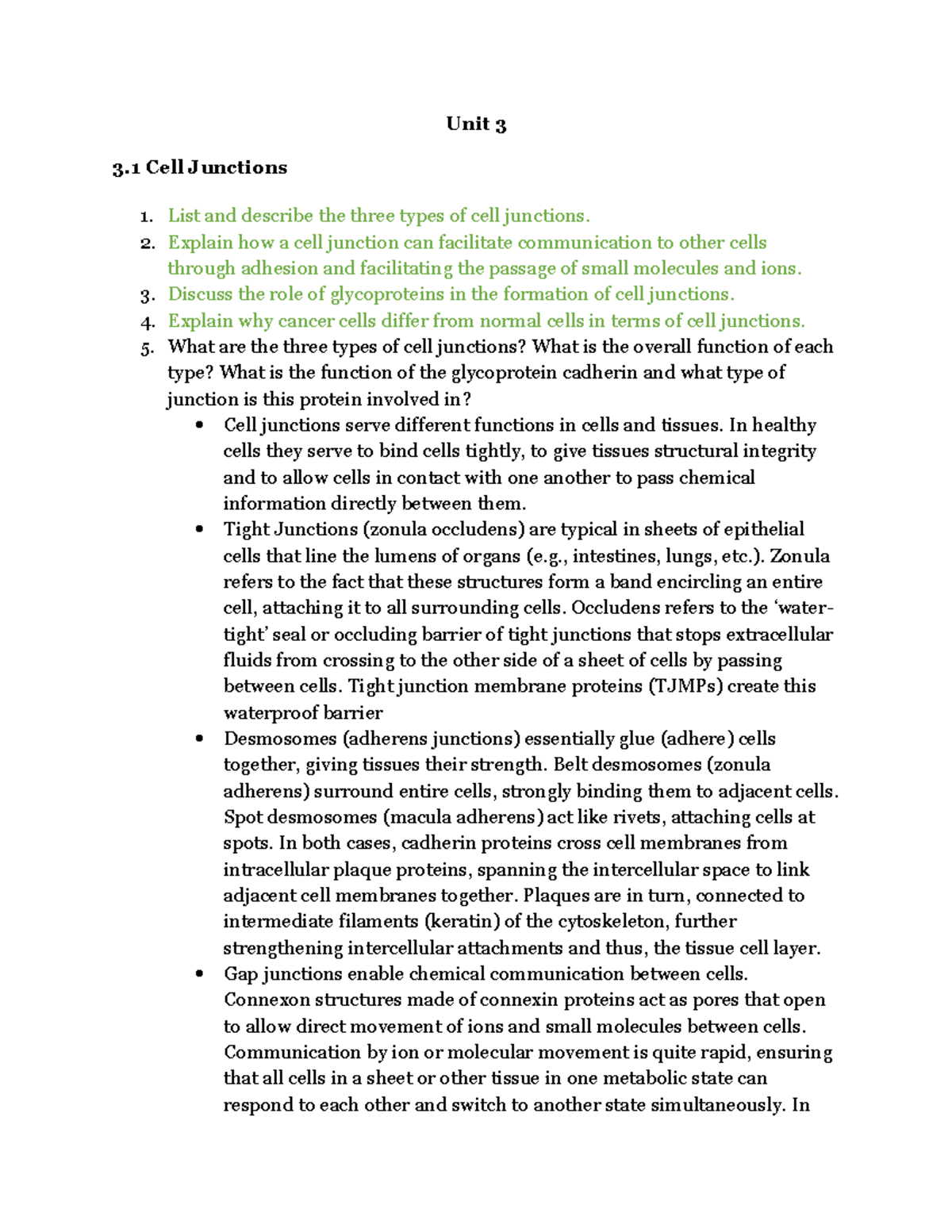 Unit 3 - BIOL401 - Athabasca - Unit 3 3 Cell Junctions List and ...