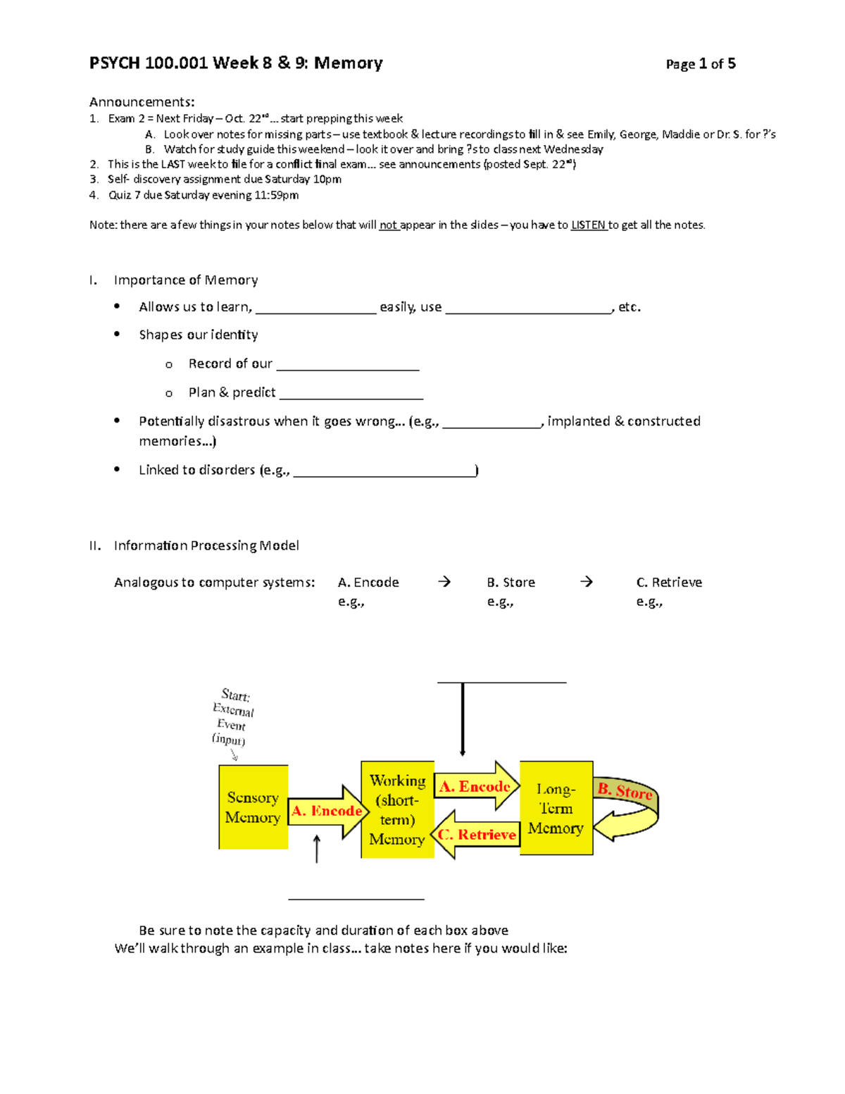 Week+8+Skeleton+Notes+Memory - Announcements: Exam 2 = Next Friday ...