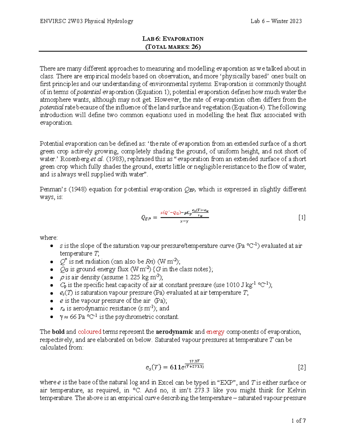 2W03 Lab 6 Evapotranspiration 2023 LAB 6 EVAPORATION (TOTAL MARKS