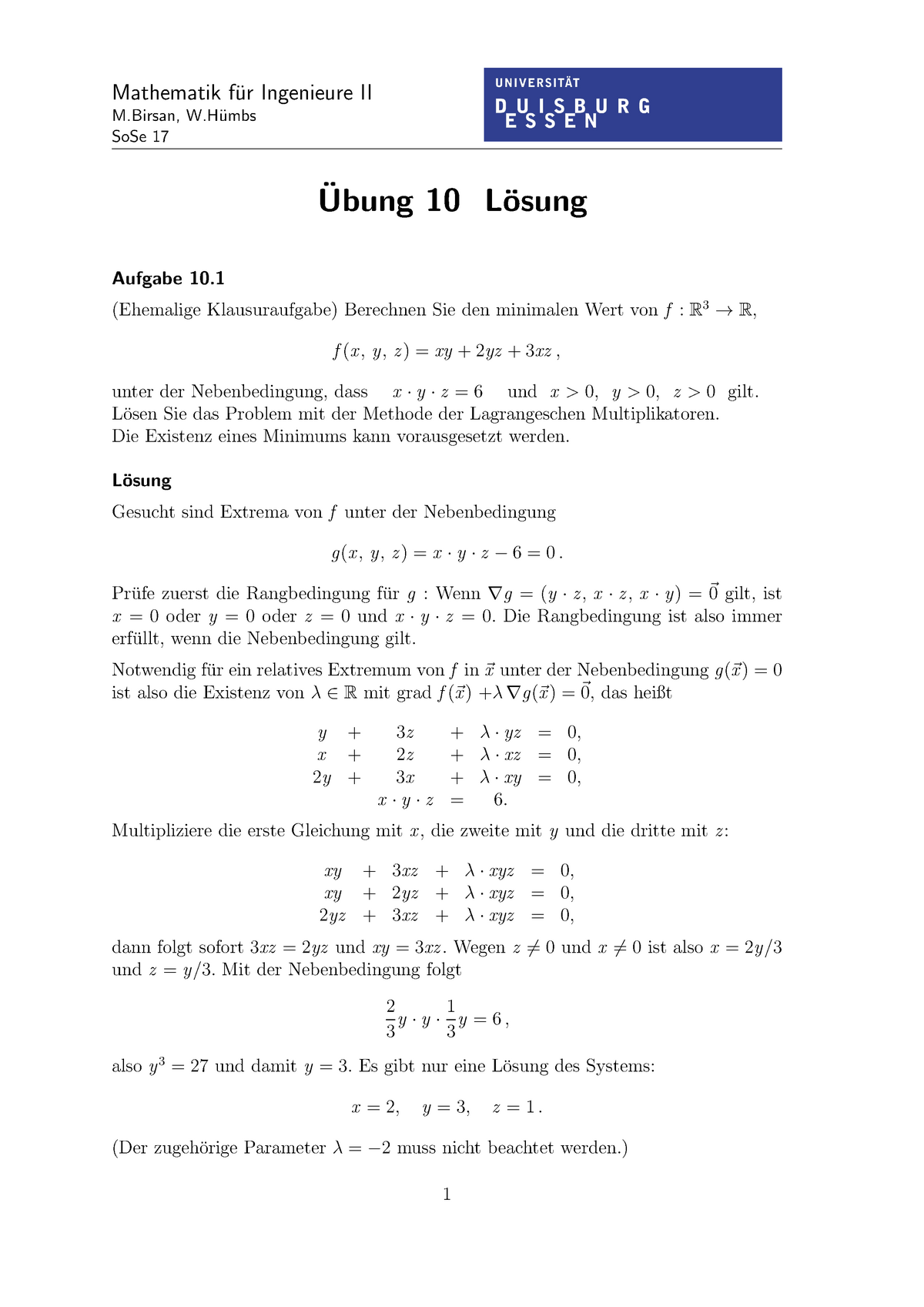 Übung Aufgabenstellung Und Lösung 10 - Mathematik F¨ur Ingenieure II M ...