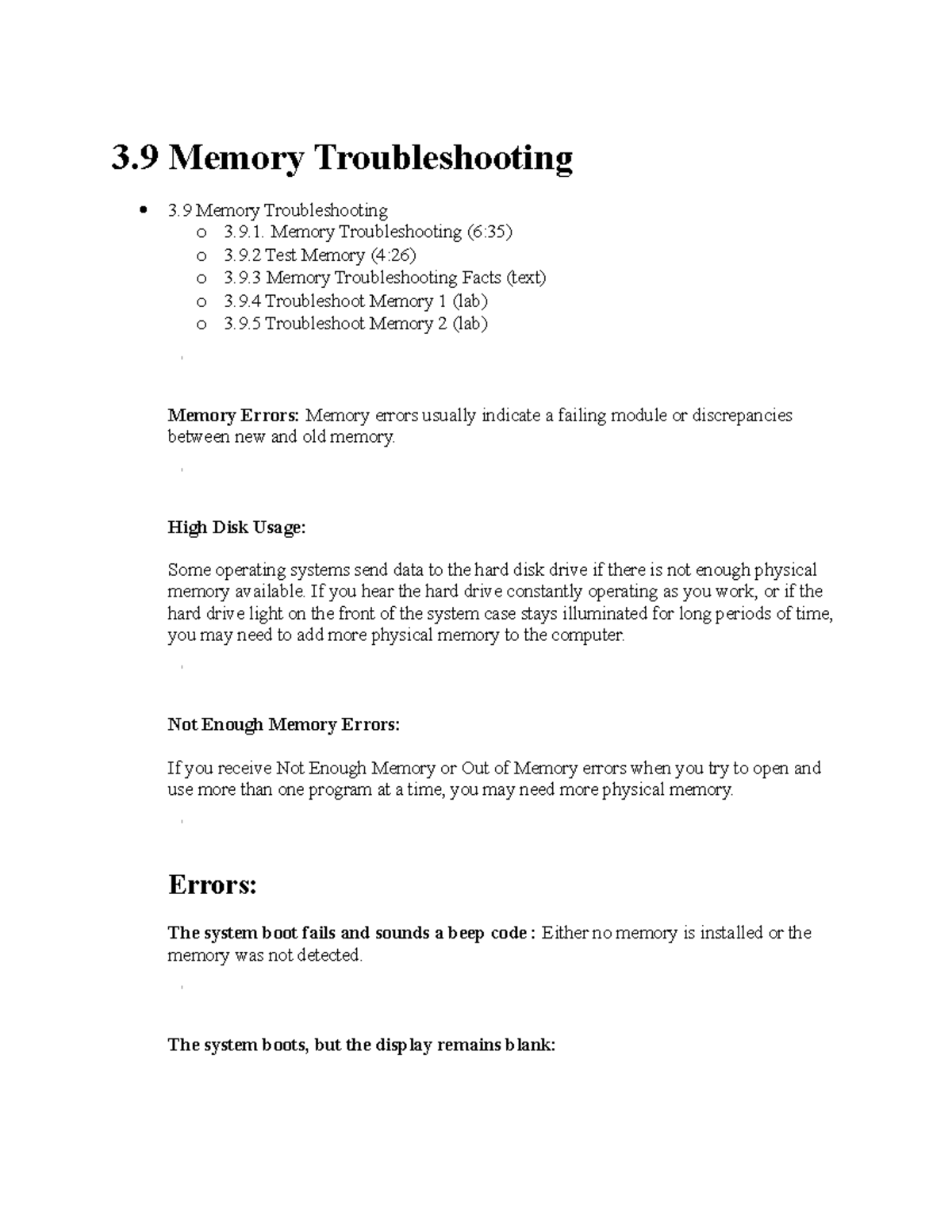 3.9 Memory Troubleshooting - 3 Memory Troubleshooting 3 Memory ...