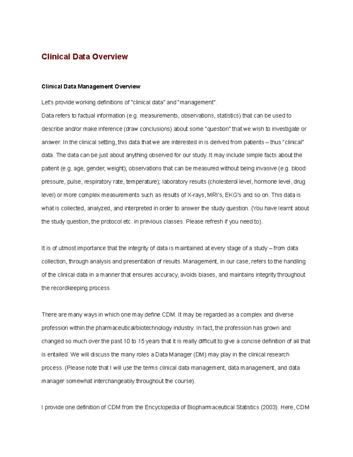 Research Data Overview - Clinical Data Overview Clinical Data ...