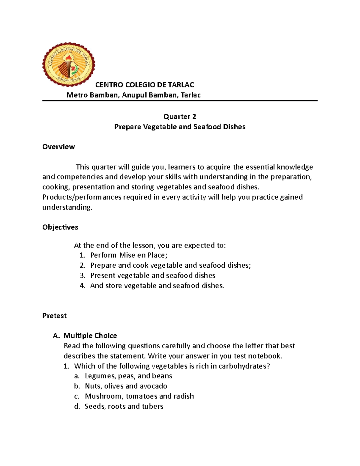 Cookery module veg and seafood 2 Micro Perspective of Tourism and