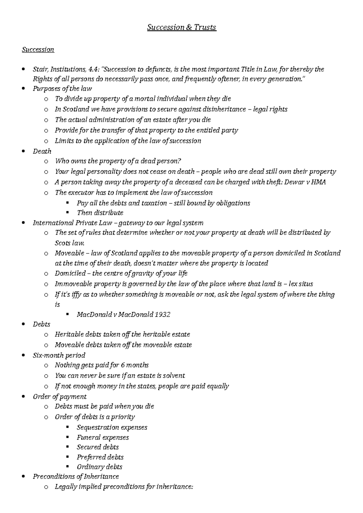 Succession Notes - Succession & Trusts Succession Stair, Institutions ...