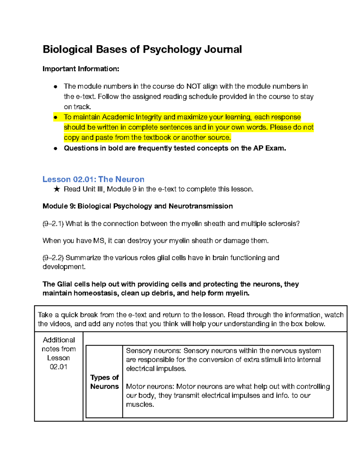 Psych Journal Mod 2 - Biological Bases Of Psychology Journal Important ...