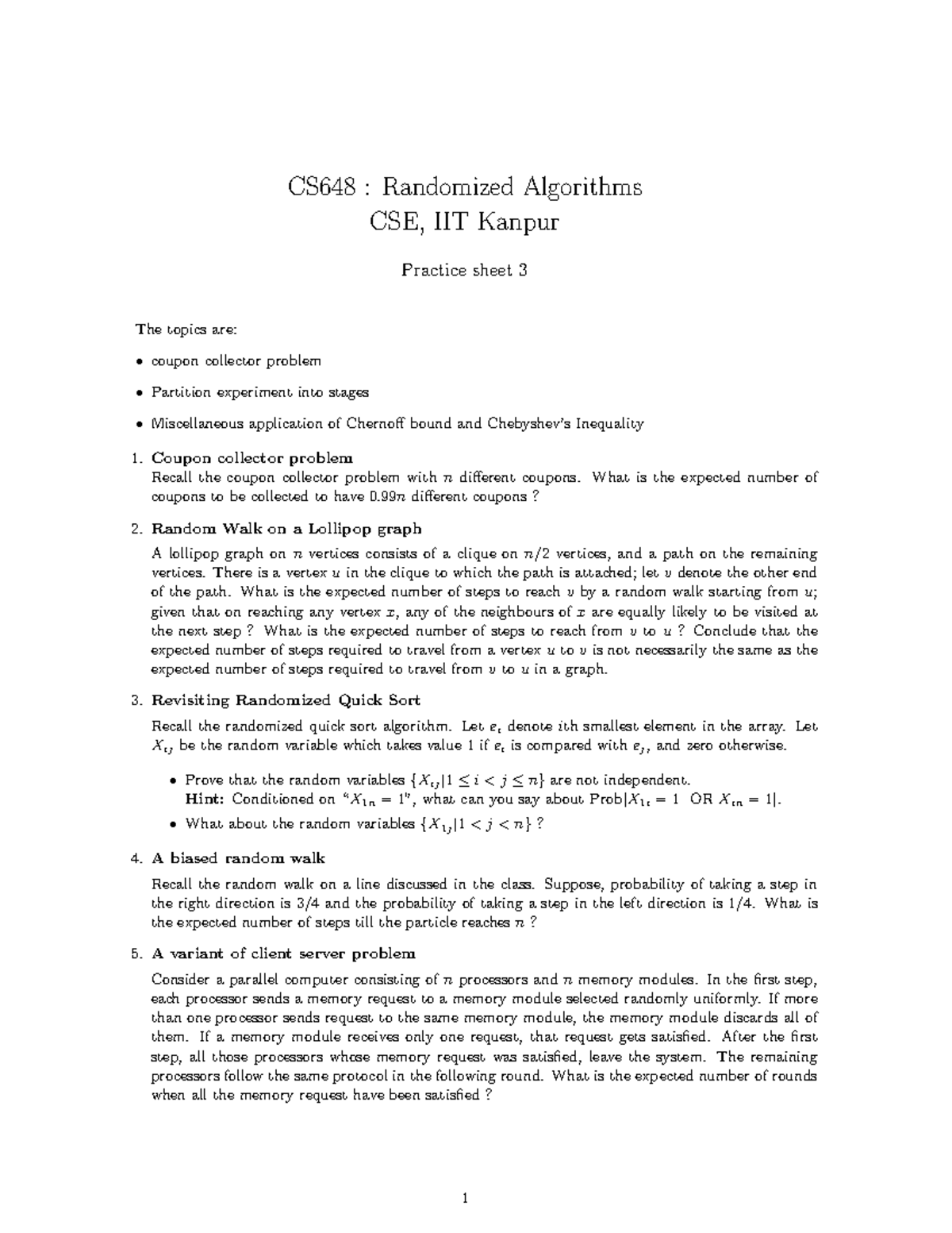 Practice-sheet-3 - practice problems - CS648 : Randomized Algorithms ...
