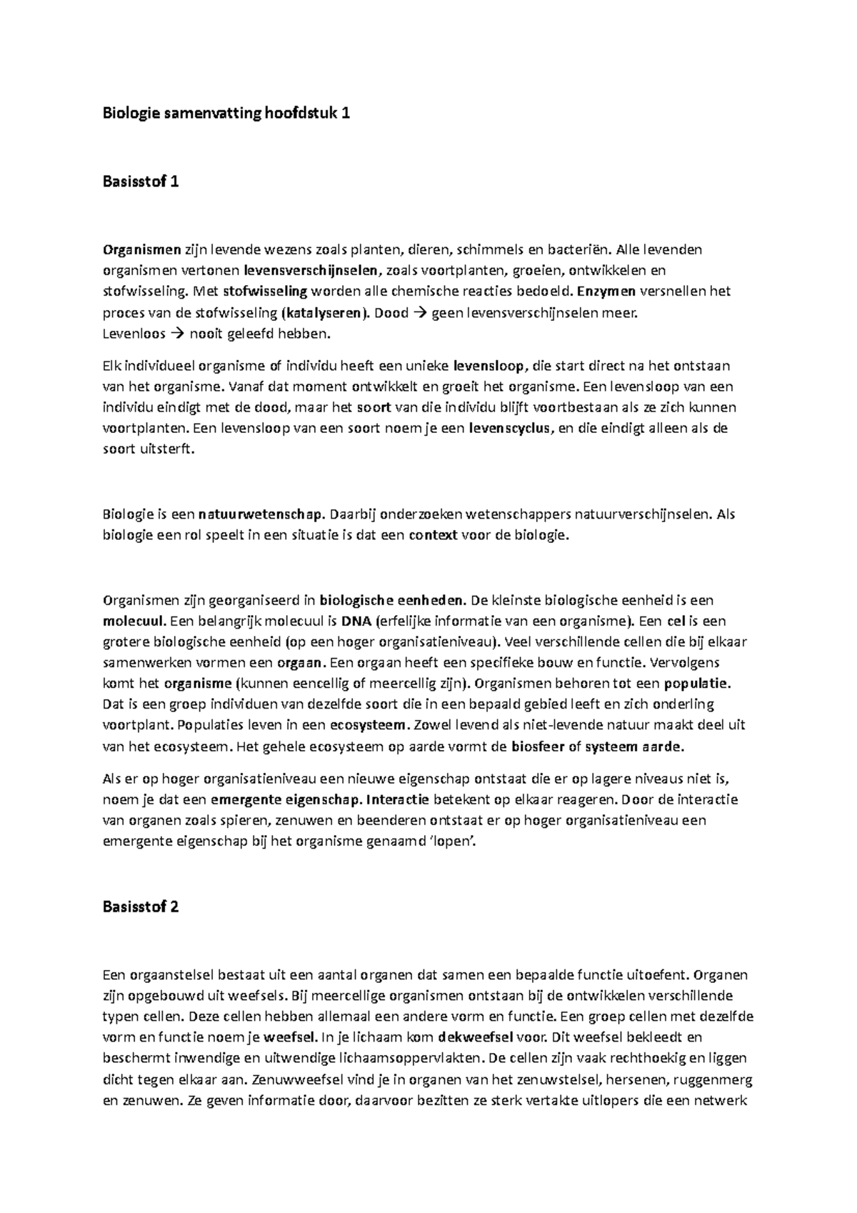 Biologie Samenvatting Hoofdstuk 1 - Alle Levenden Organismen Vertonen ...