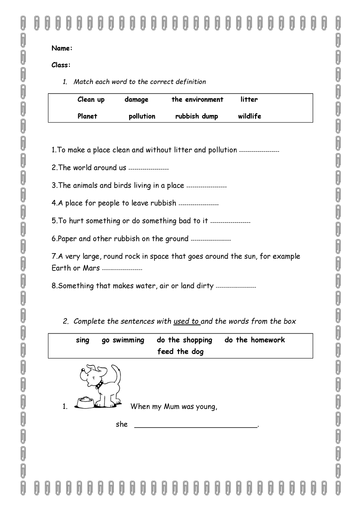 Past-simple-and-used-to-the-environment 46376 - Name: Class: 1. Match ...