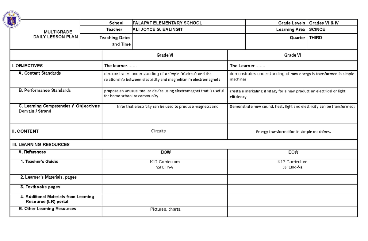 MGC- Sicience 5-6 - MGC LESSON PLAN - MULTIGRADE DAILY LESSON PLAN ...