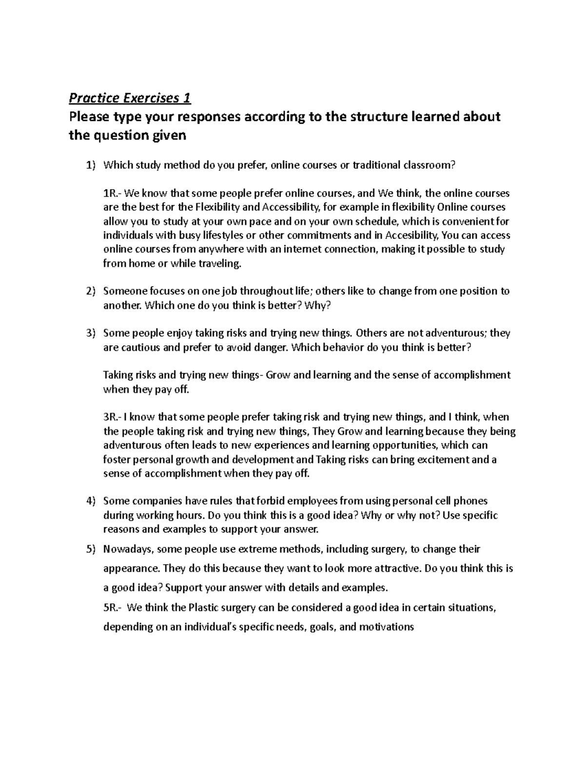 Speaking Task 1 Exercices - Practice Exercises 1 Please type your ...
