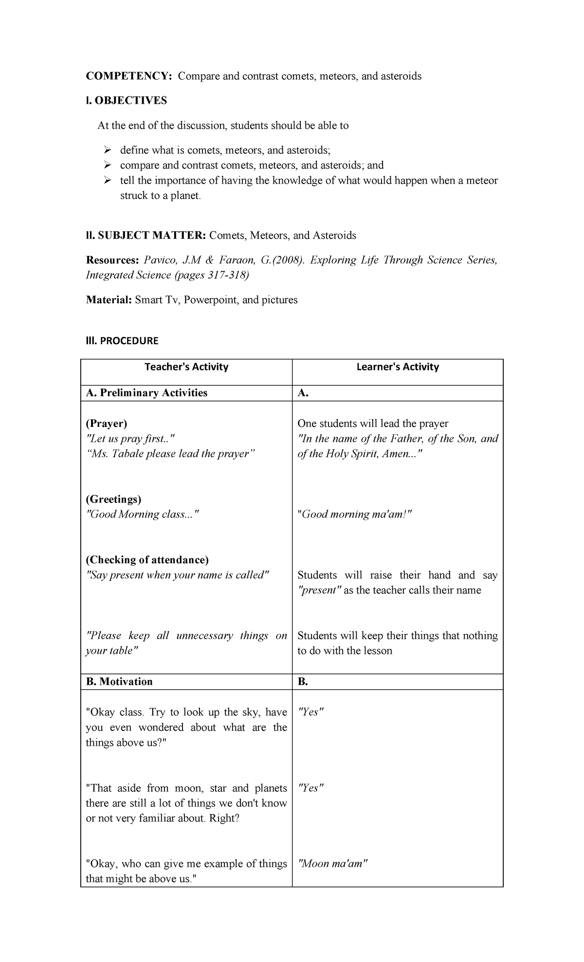 LP Grade-9 Comets, Asteroids, and Meteors Co-WPS Office - COMPETENCY ...