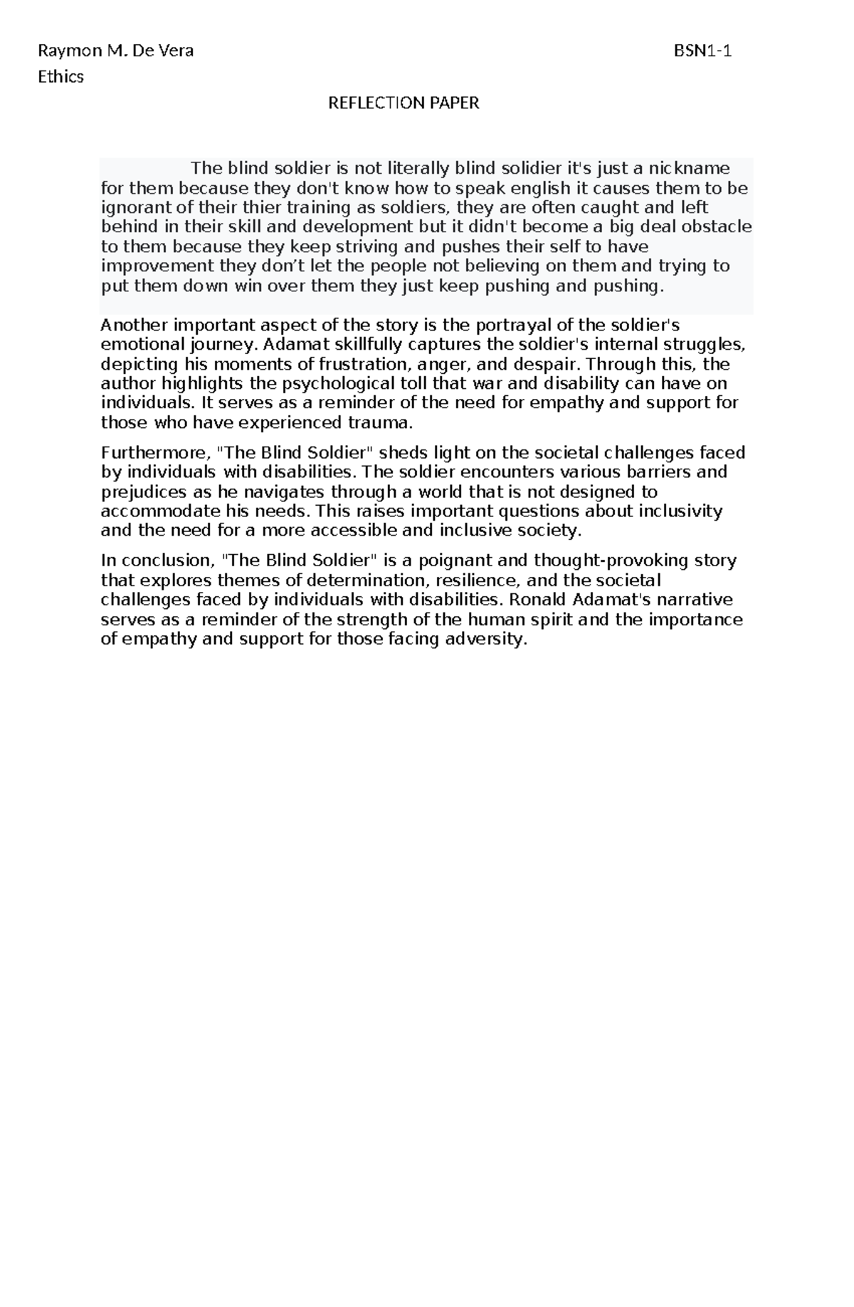 Reflection paper - Raymon M. De Vera BSN1- Ethics REFLECTION PAPER The ...