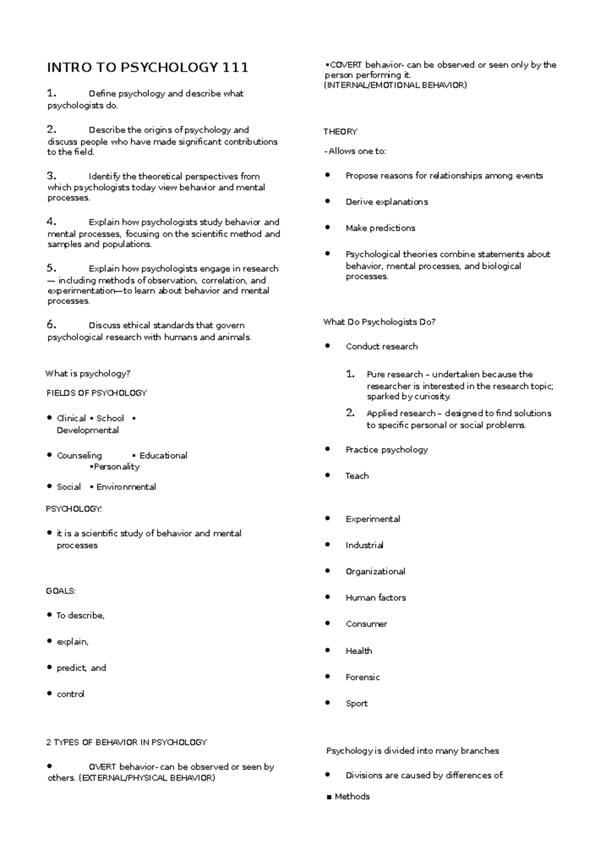 Introduction TO Psychology WEEK 1-2 Lecture Notes - INTRO TO PSYCHOLOGY ...