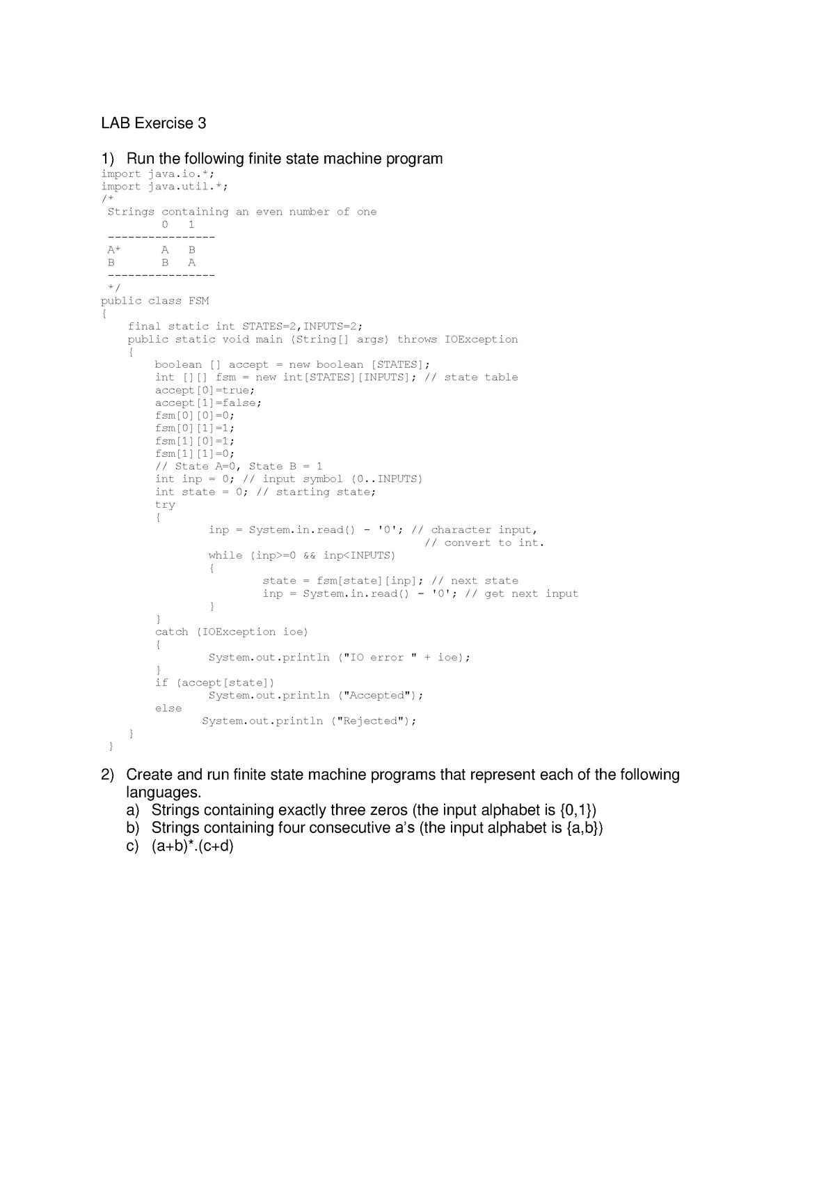 QUESTION Lab Exercise 3 - LAB Exercise 3 1) Run The Following Finite ...