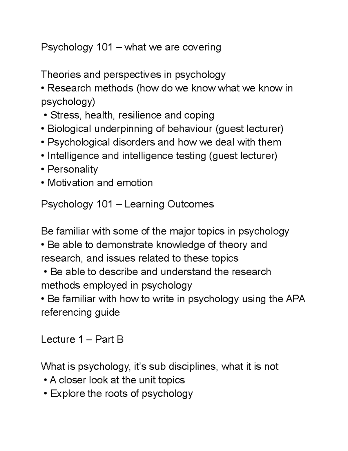 Psychology 101 what we are covering Psychology 101 what we are covering Theories and Studocu