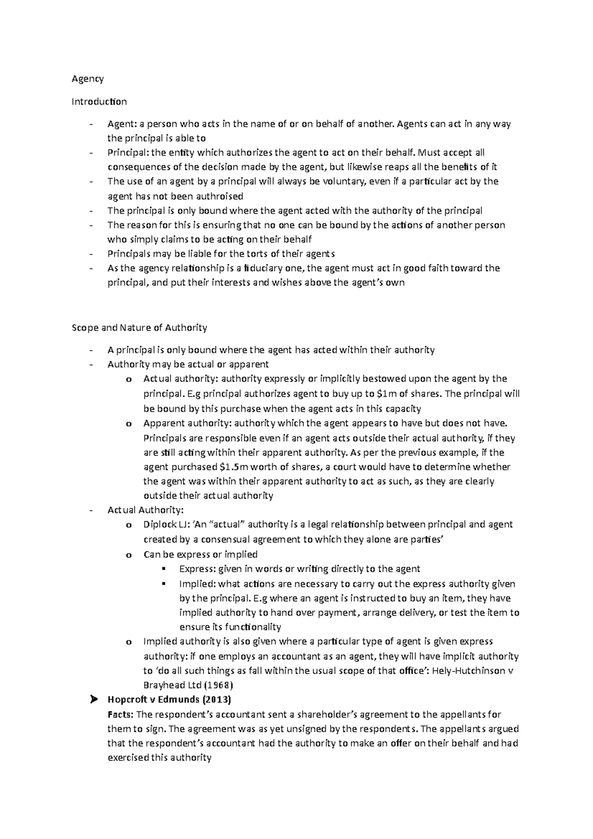 Agency-BTC1110 - Lecture notes 10 - Agency Introduction - Agent: a ...