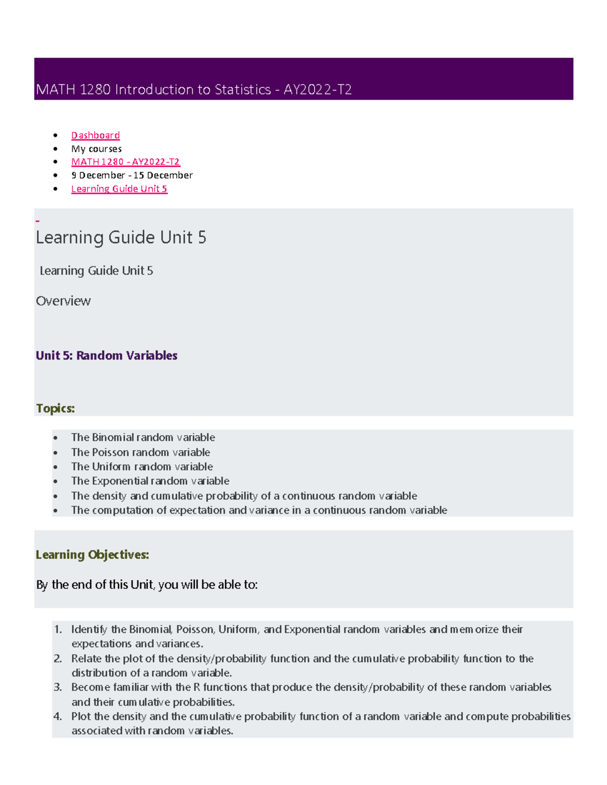 Learning Guide Unit 5 - Lecture notes 5 - MATH 1280 Introduction to ...