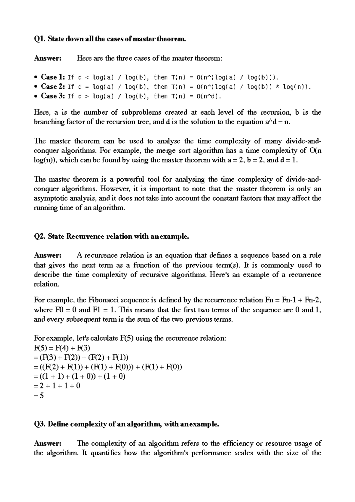DAA wwwww Q1. State down all the cases of master theorem. Answer