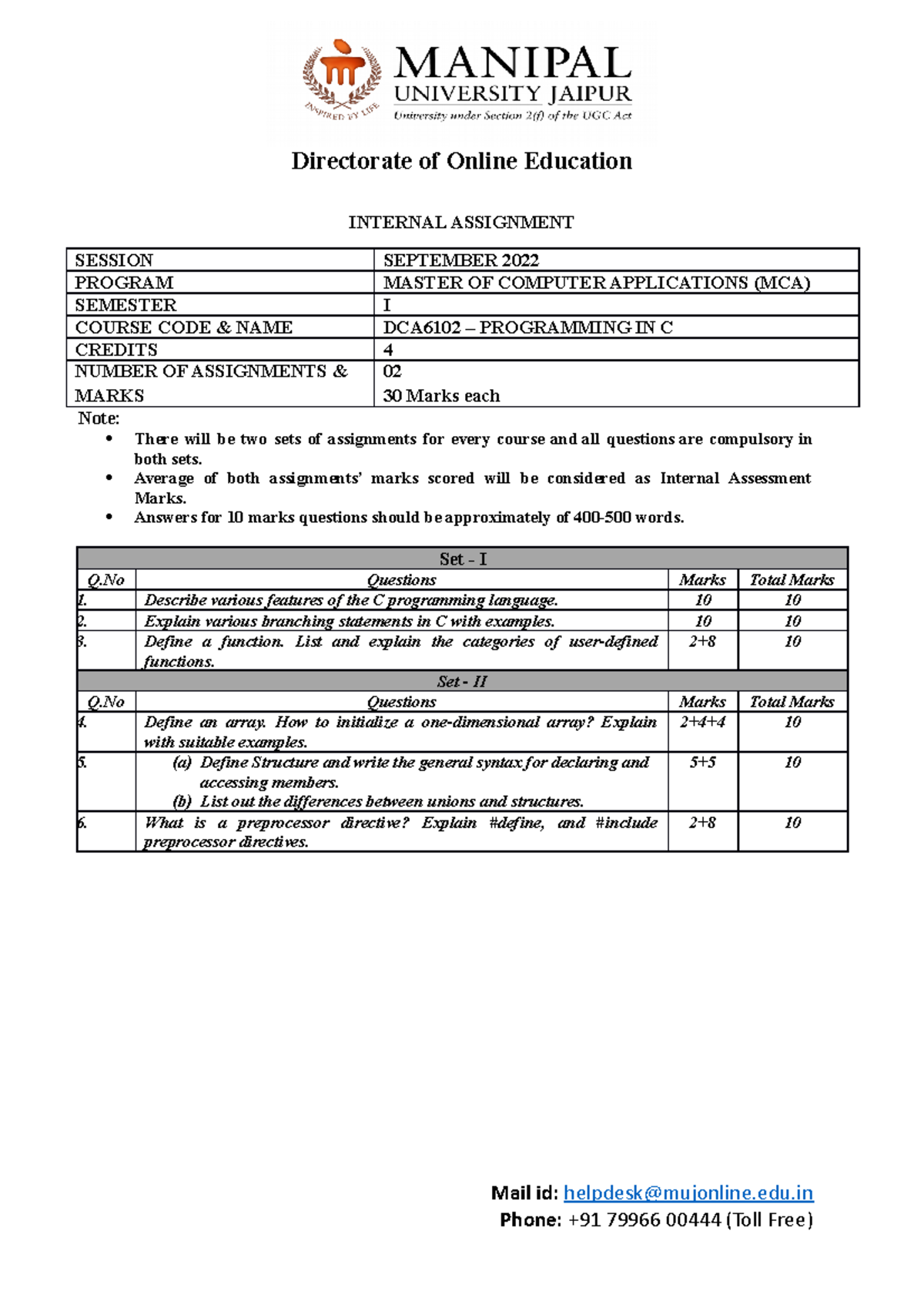 Assignment DCA6102 Prg In C Set 1and2 Sep2022 - Directorate of Online ...