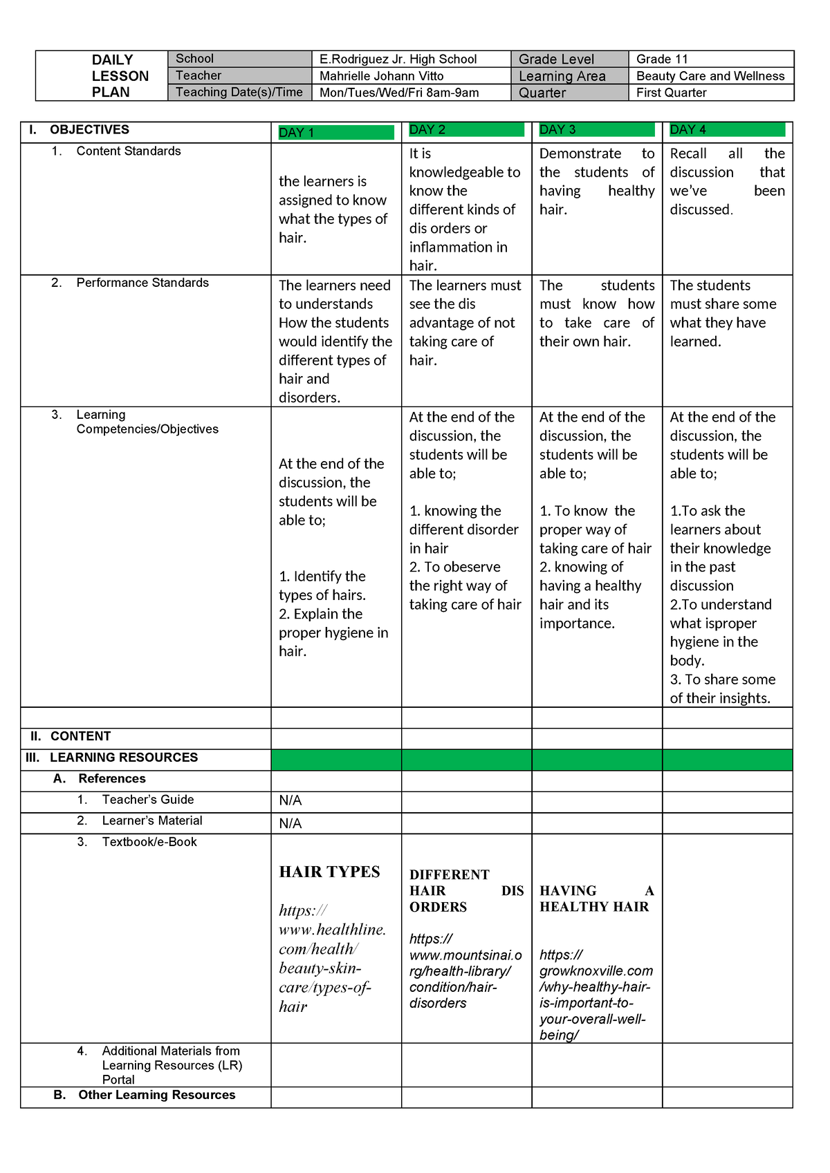 DLP Vitto - good - DAILY LESSON PLAN School E Jr. High School Grade ...