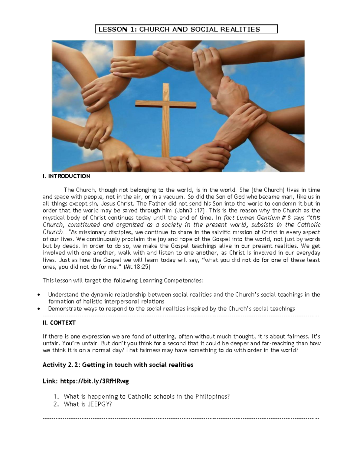 Lesson 1 Church and Social Realities Study Guide 2022 - LESSON 1 ...
