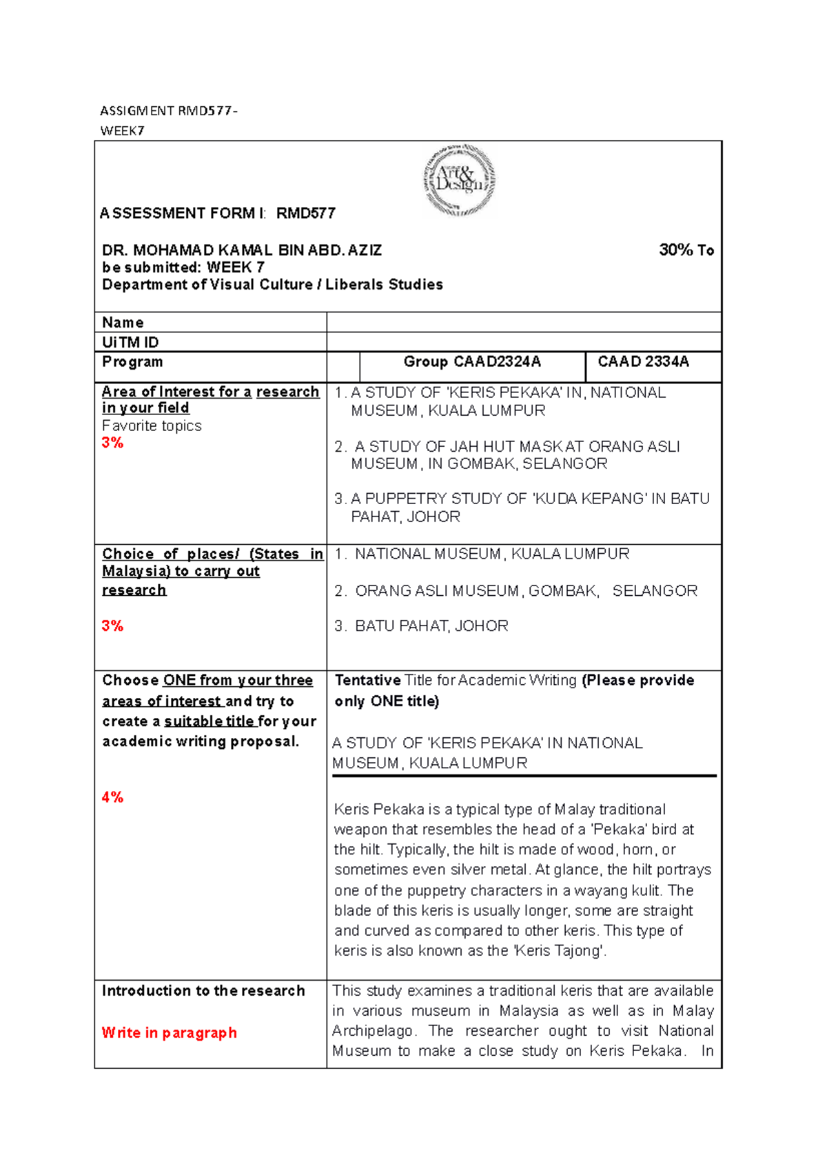 RMD577- FORM 1 -Contoh 2023 - ASSIGMENT RMD577- WEEK ASSESSMENT FORM I ...