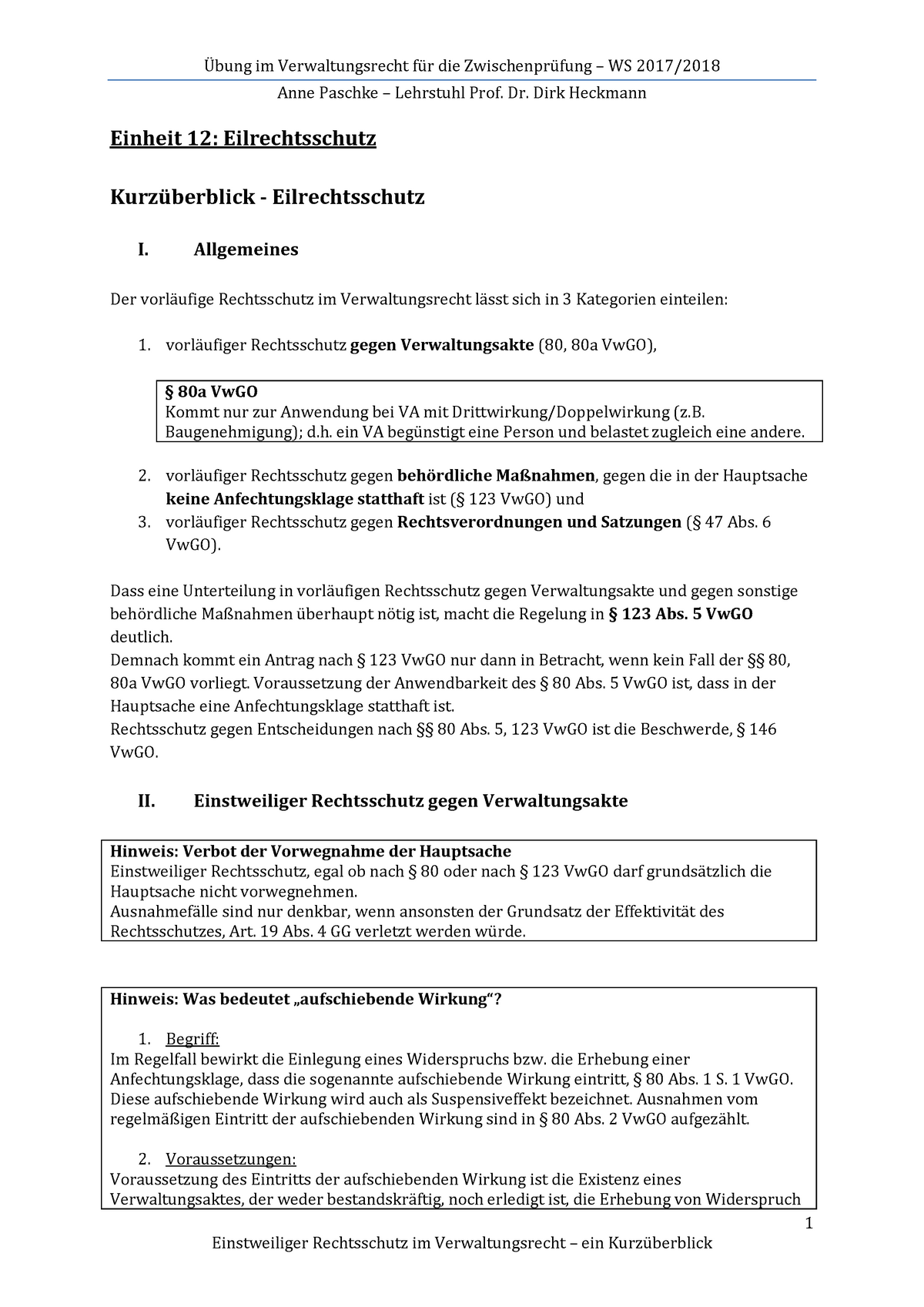 Einstweiliger Rechtsschutz Übersicht - Übung Im Verwaltungsrecht Für ...