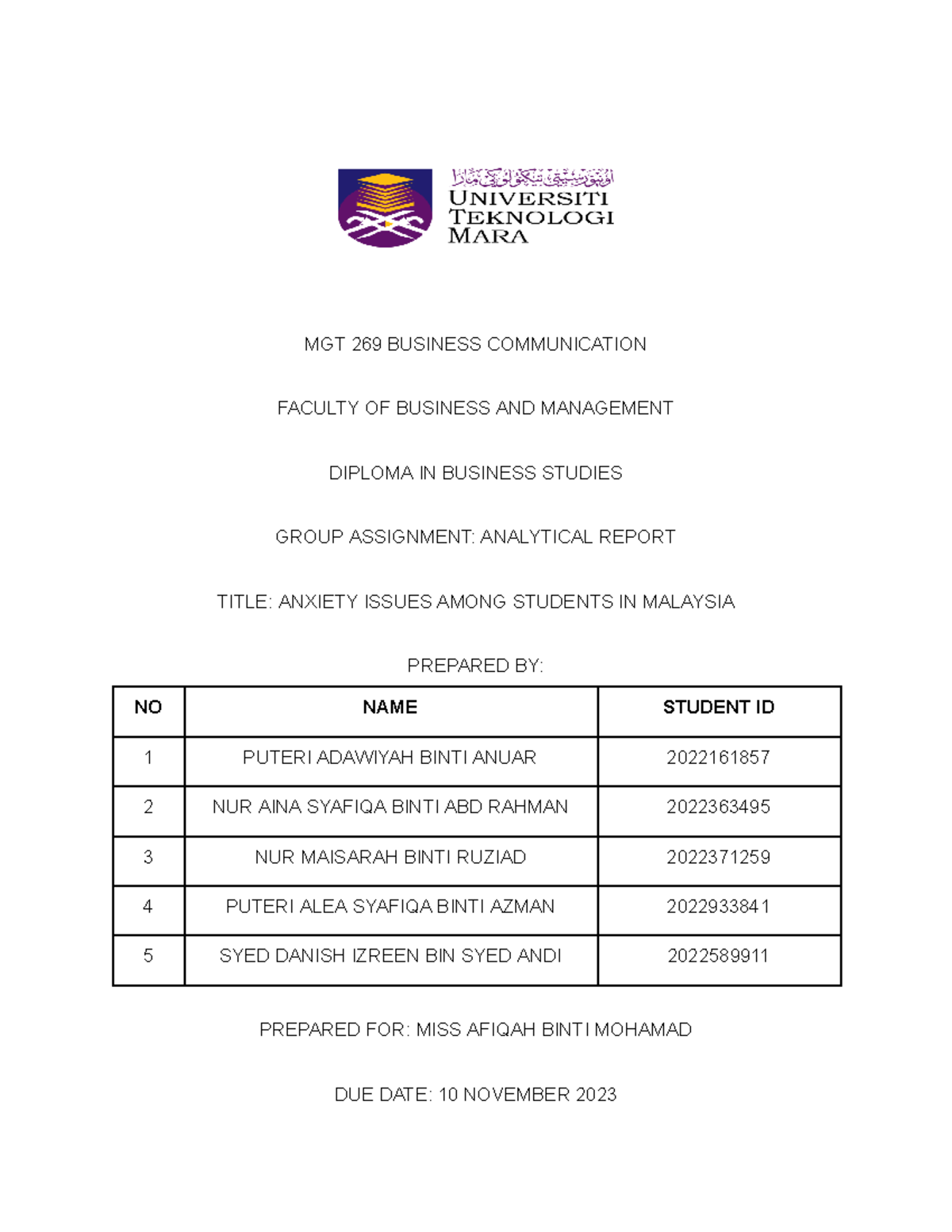 MGT269 Analytical Report - MGT 269 BUSINESS COMMUNICATION FACULTY OF ...