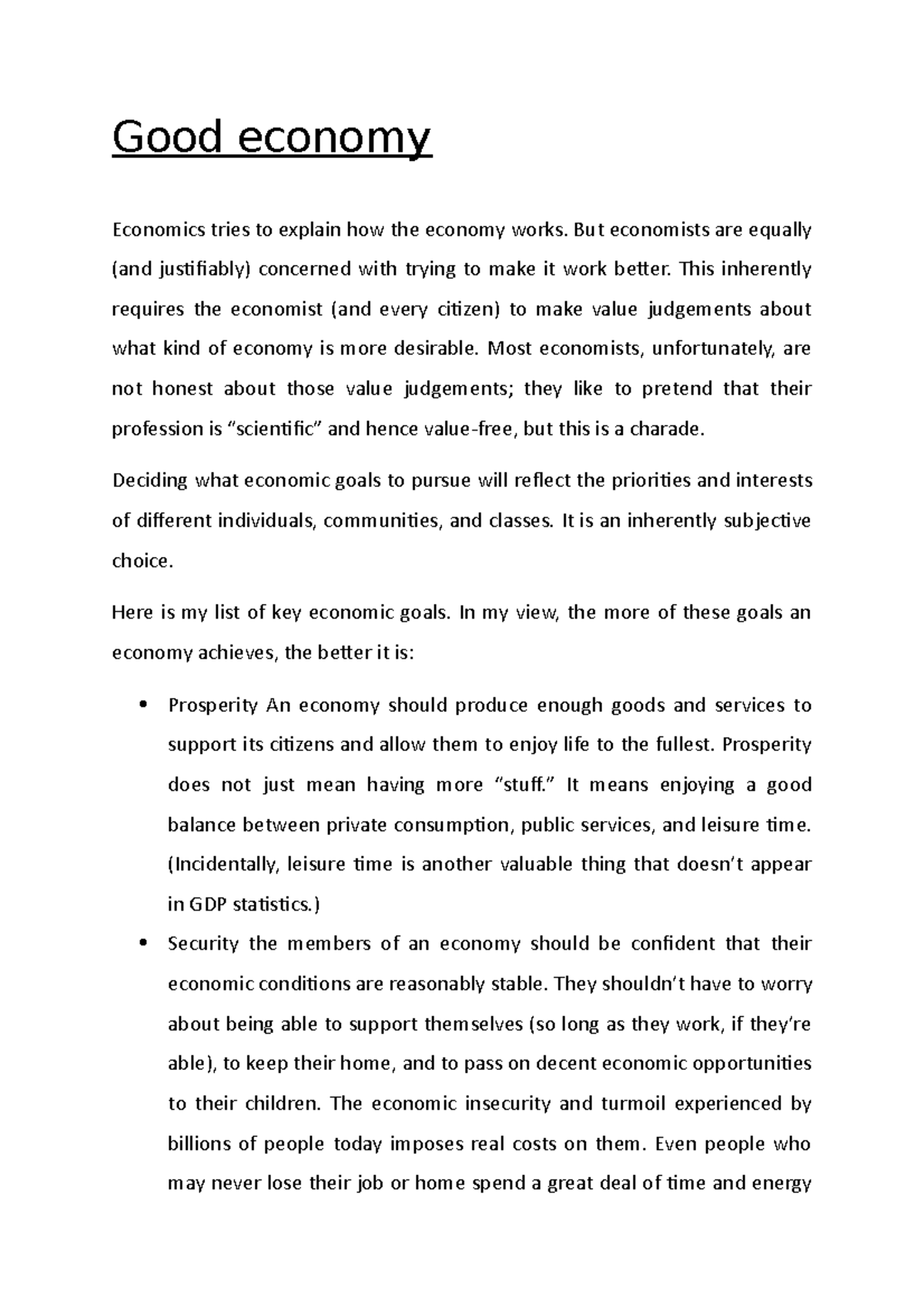 essay about good economy