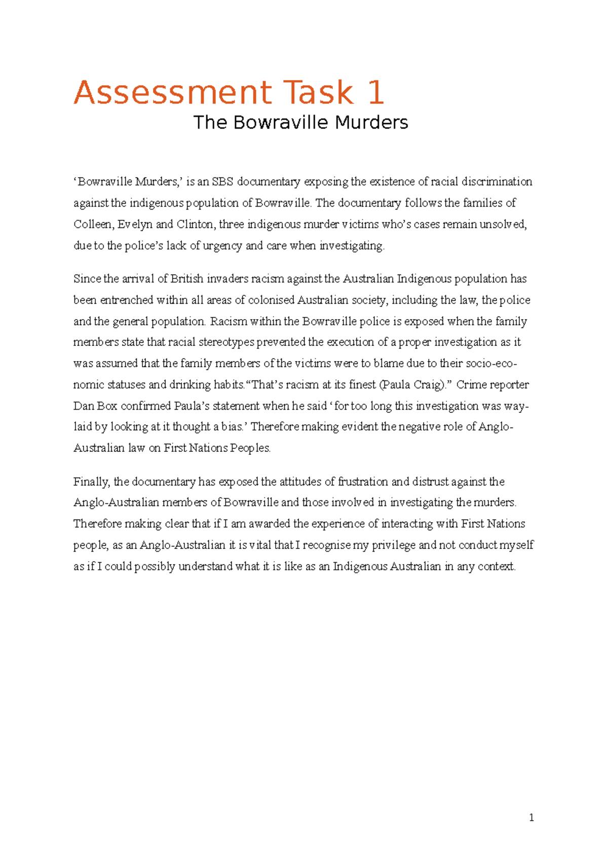 Assessment task 1 - pass or fail task - Assessment Task 1 The ...