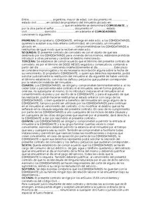 Contrato Comodato, modelo de contrato de comodato -  Entre..........................., argentina, - Studocu