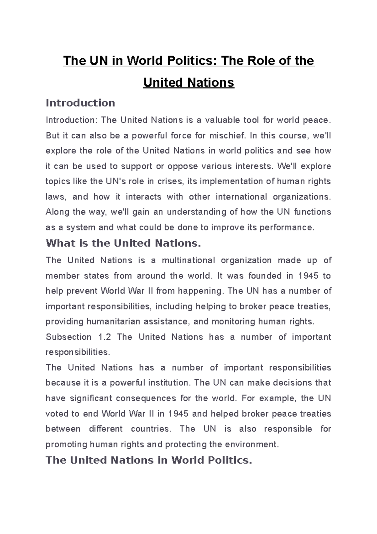 The UN in World Politics The Role of the United Nations - The UN in ...