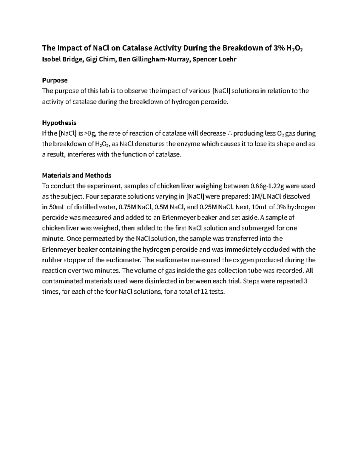 Catalase Enzyme Lab Report The Impact of NaCl on Catalase Activity