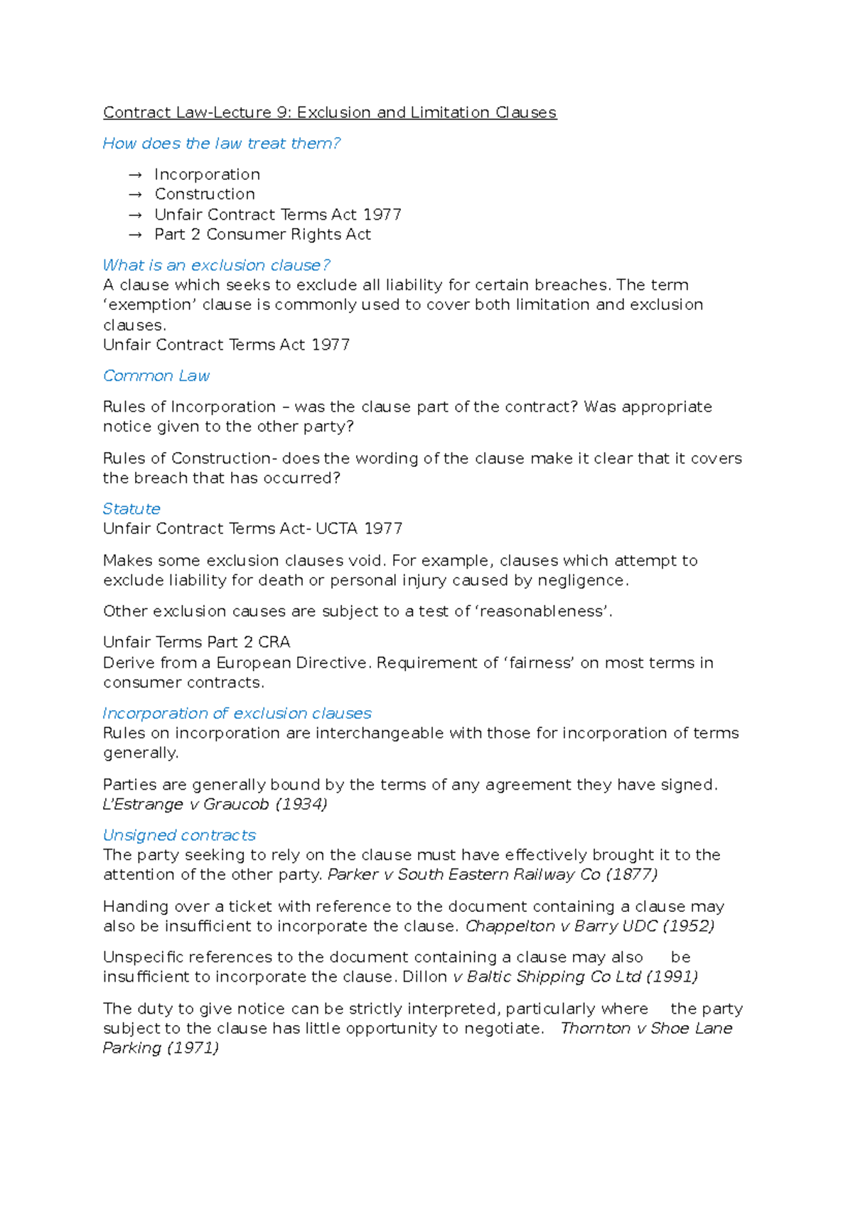 Limitation Causes Contract LawLecture 9 Exclusion and Limitation