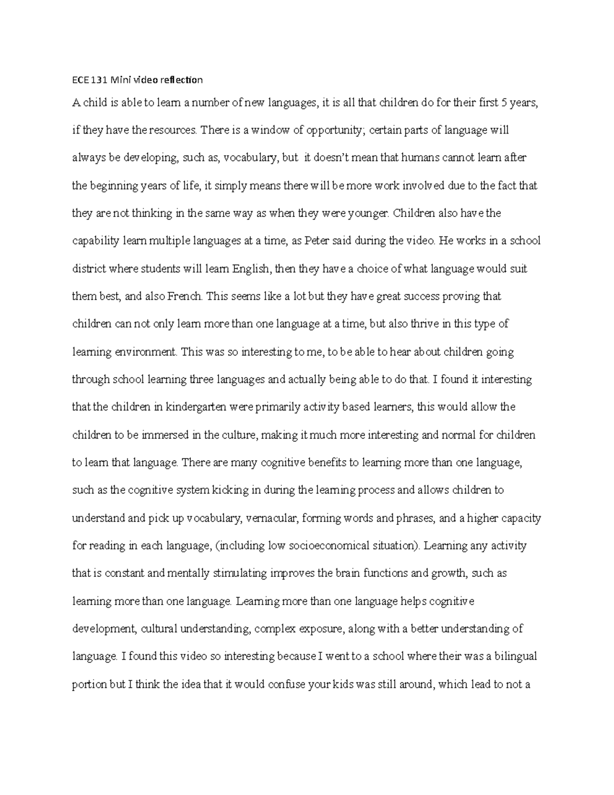 ECE 131 Mini video reflection - ECE 131 Mini video relecion A child is ...