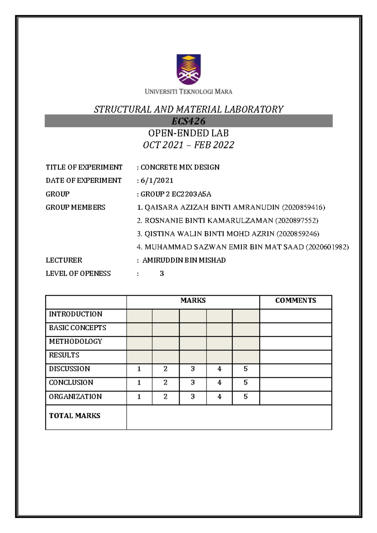 ECS426 LAB 9 Concrete MIX Design STRUCTURAL AND MATERIAL LABORATORY