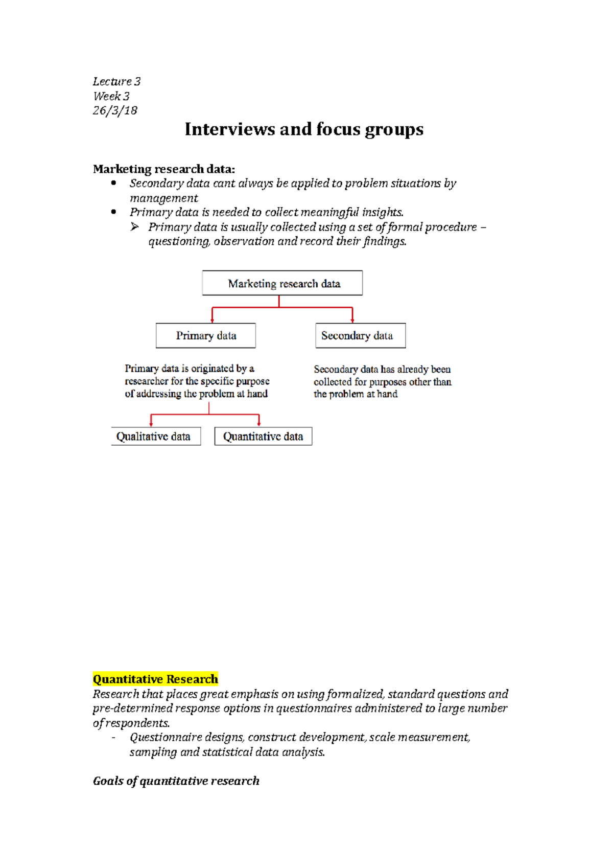 Lecture 3 notes - Lecture 3 Week 3 26/3/18 Interviews and focus groups ...