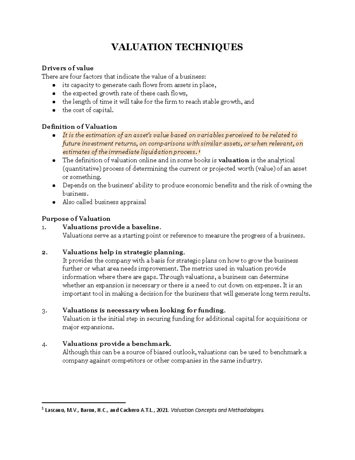 Valuation Techniques - VALUATION TECHNIQUES Drivers of value There are ...