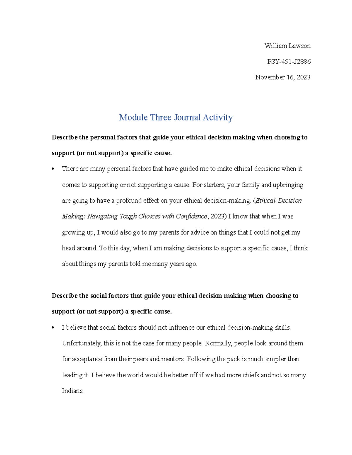 Module Three Journal - Assignment - William Lawson PSY-491-J November ...