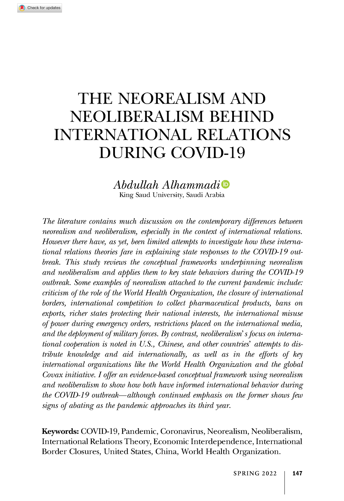 Neoliberalism And Liberalism Behind IR During Covid-19 - THE NEOREALISM ...