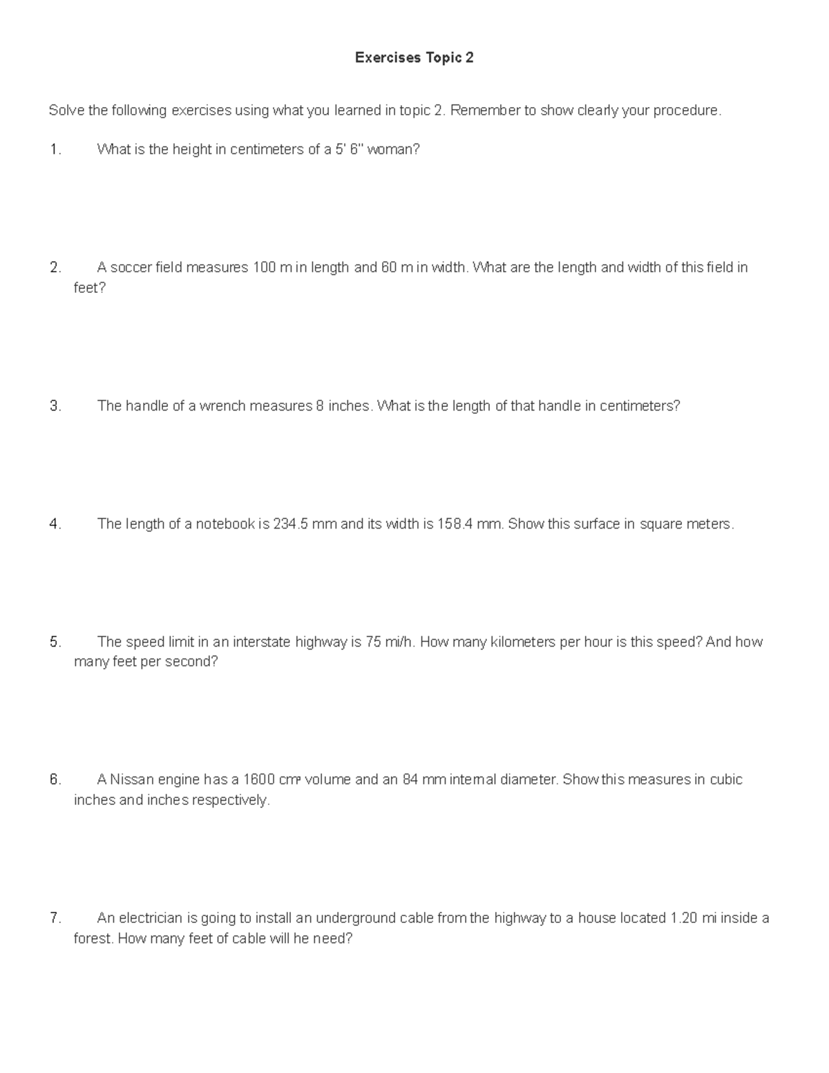 Matter and Energy Exercises Topic 2 - Solve the following exercises ...