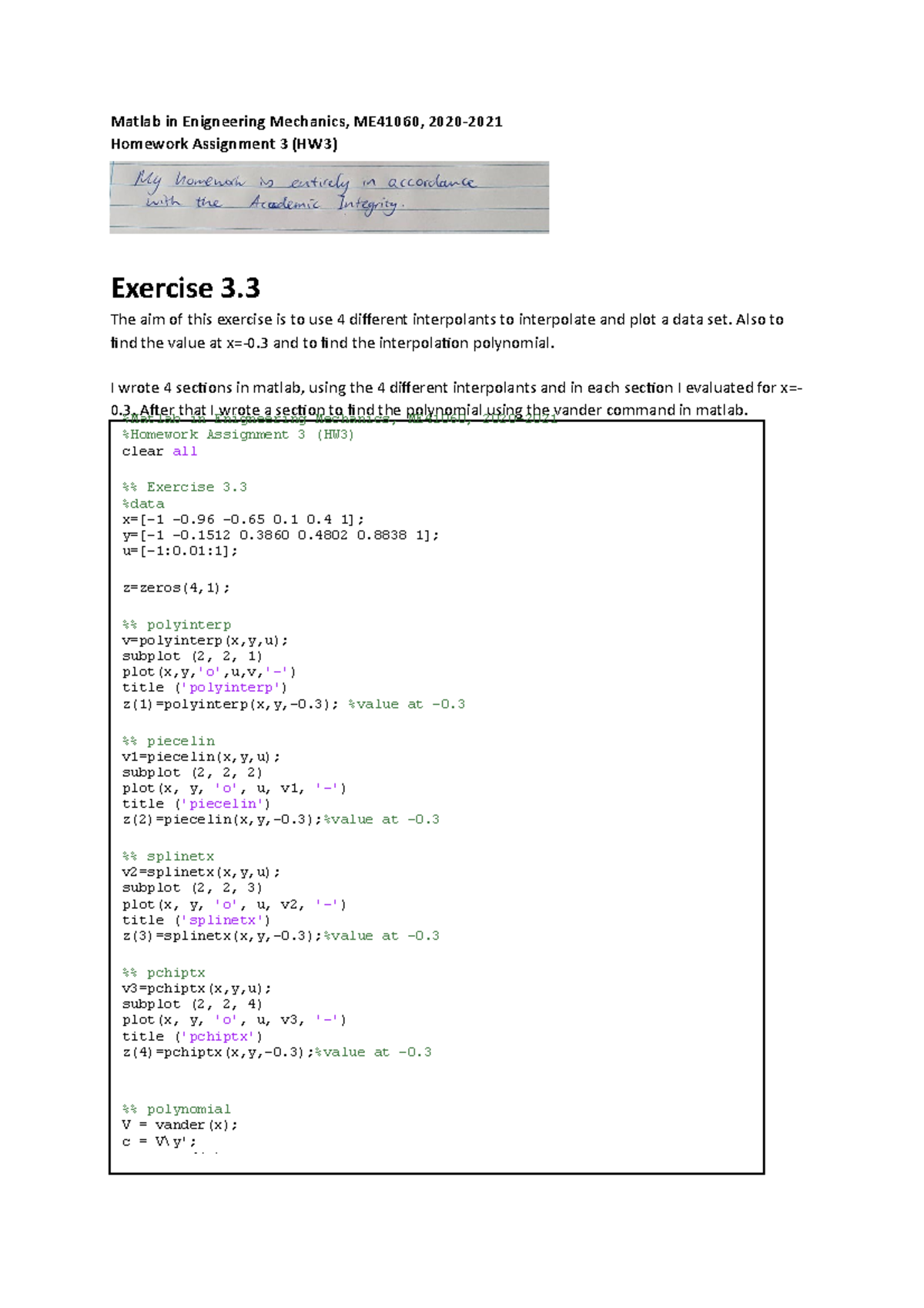 Matlab in Engineering Mechanincs HW3 - Matlab in Enigneering Mechanics ...
