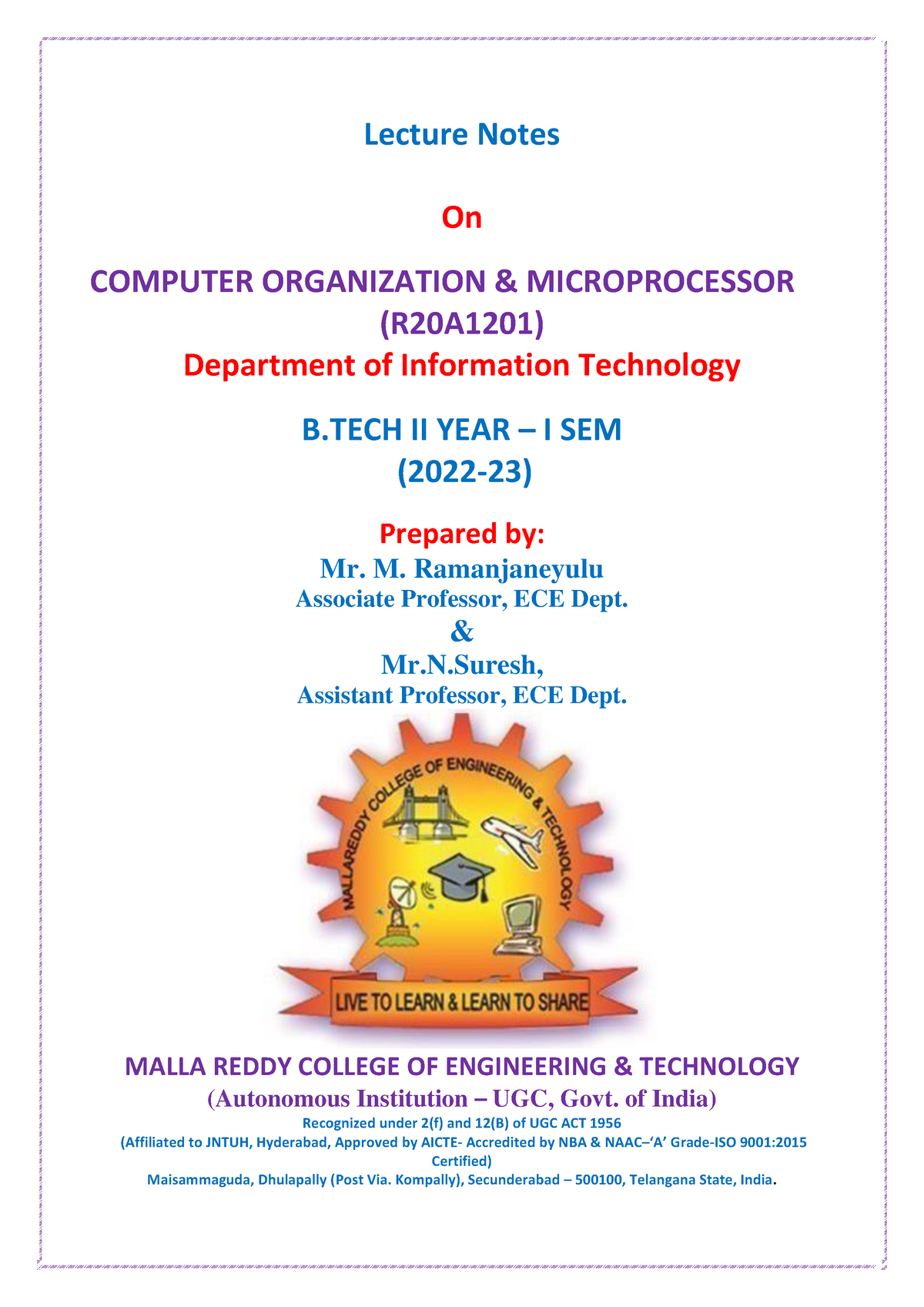 Computer Organization & Microprocessors - Lecture Notes On COMPUTER ...