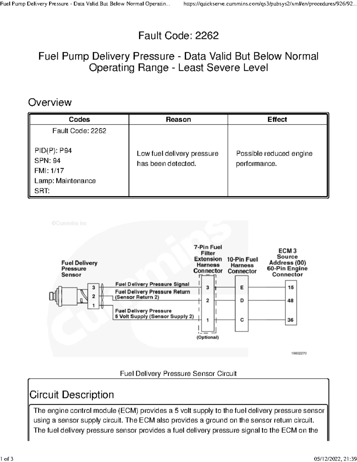 Fuel Pump Delivery Pressure Data Valid But Below Normal Operating