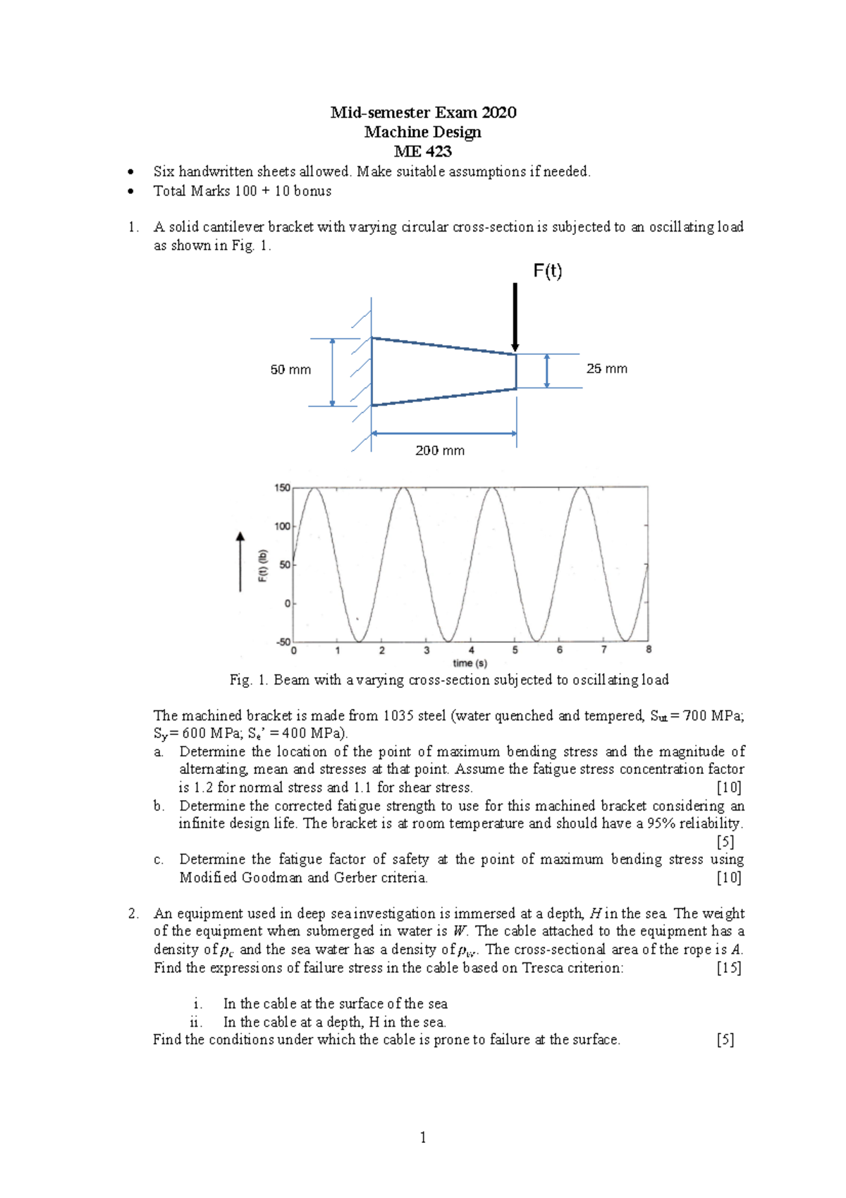 Midsem 2020 - HEHE - 1 Mid-semester Exam 2020 Machine Design ME 423 Six ...